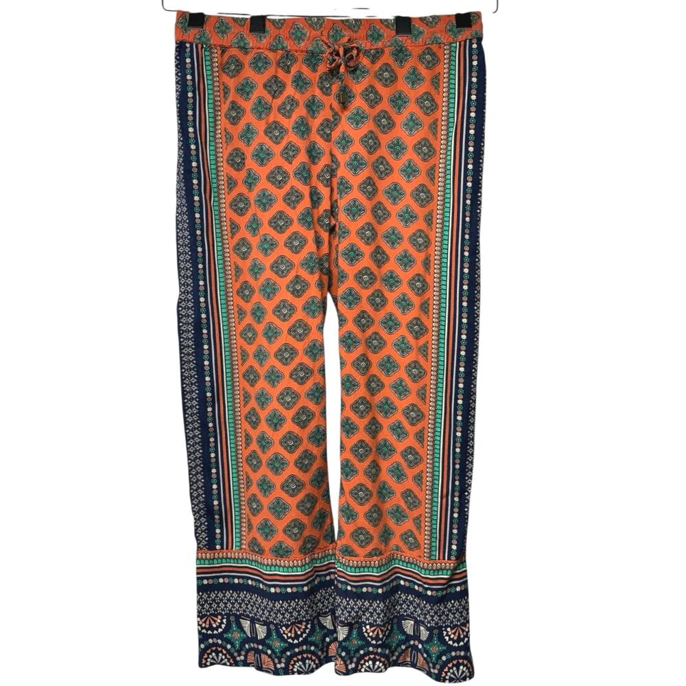 Lucy & Laurel Boho Wide Leg Pants Size Large Orange Blue Geo Print Festival
